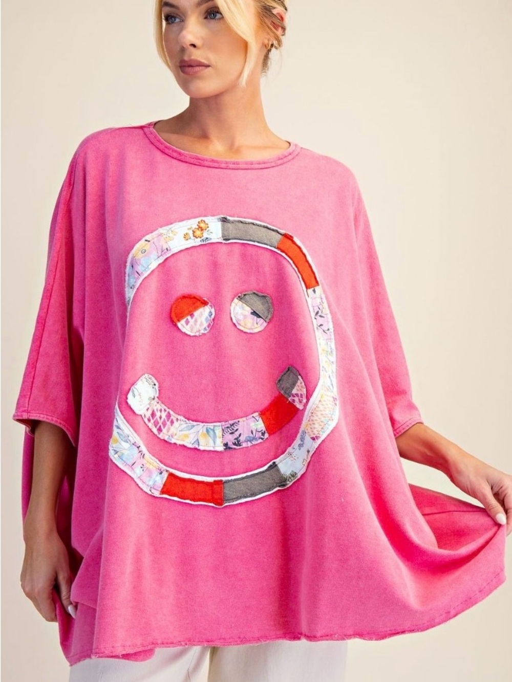 Pink Smiley Patch Oversized Women's Top